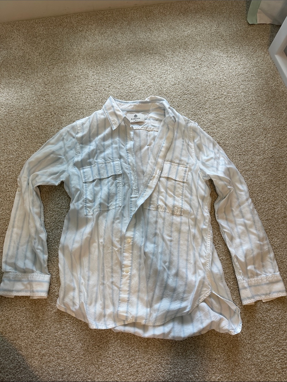 Babaton Light Blue and White Striped Button-Down Shirt